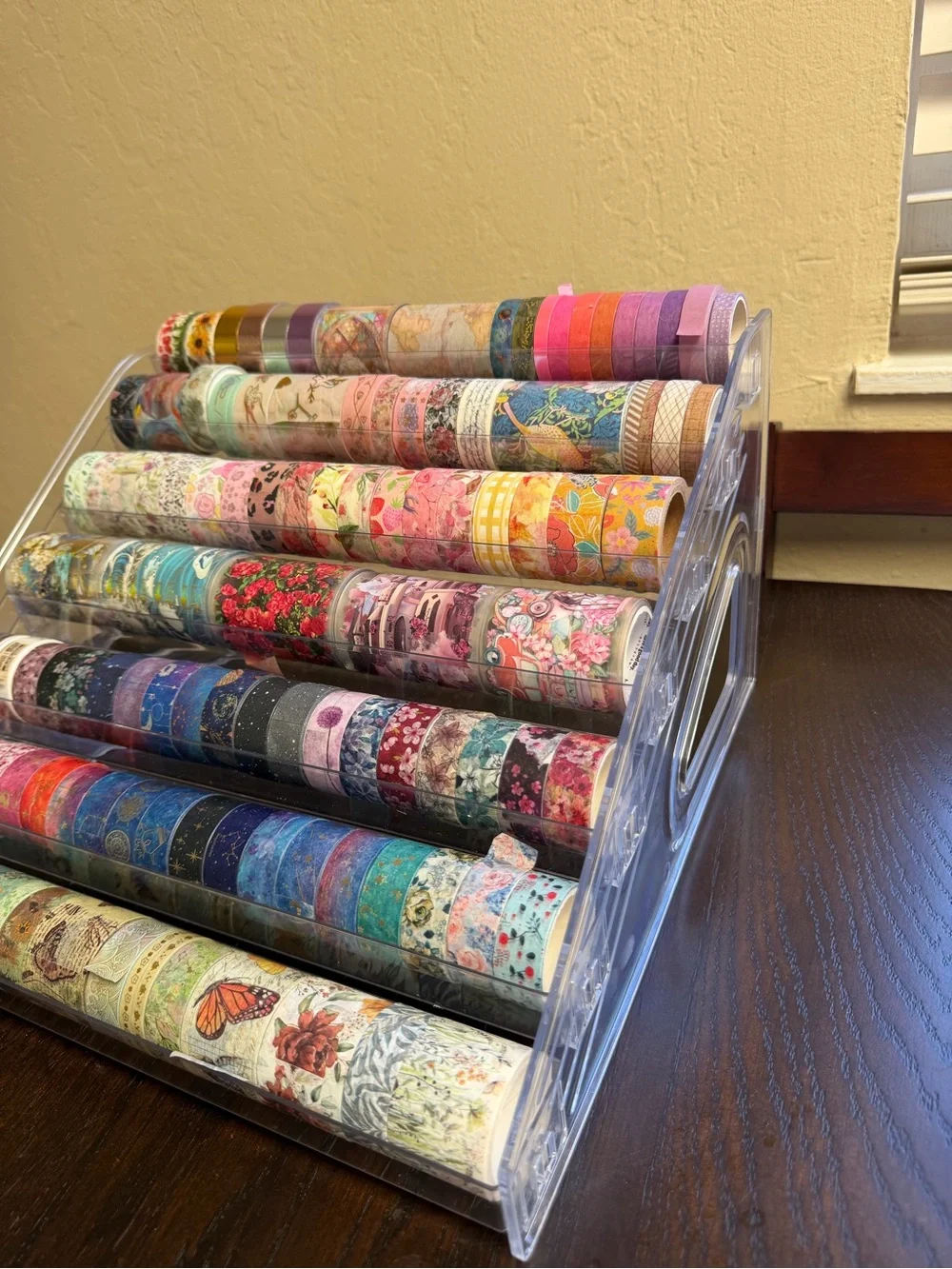 Clear Acrylic Washi Tape Organizer - Pink & Multicolor Rolls Display Set